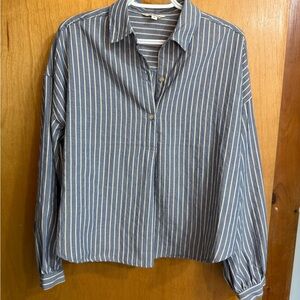 Max Studio Blue and White Striped Collared Long Sleeve Top